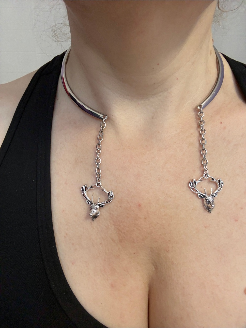 Hand-Crafted Sterling Silver Deer Head Choker Necklace - Silver